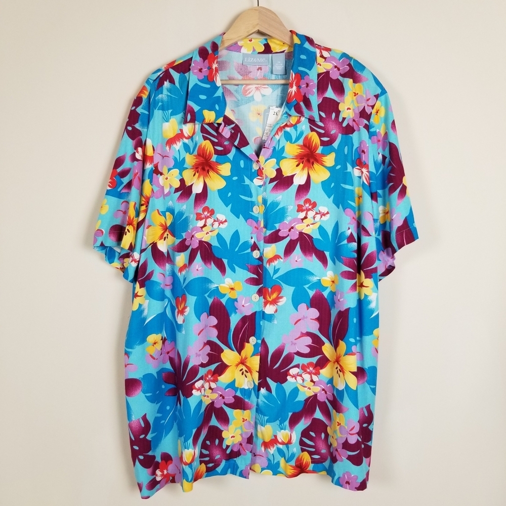 Liz & Me Tropical Floral Short Sleeve Button Front Shirt Top 2X 22-24 NWT